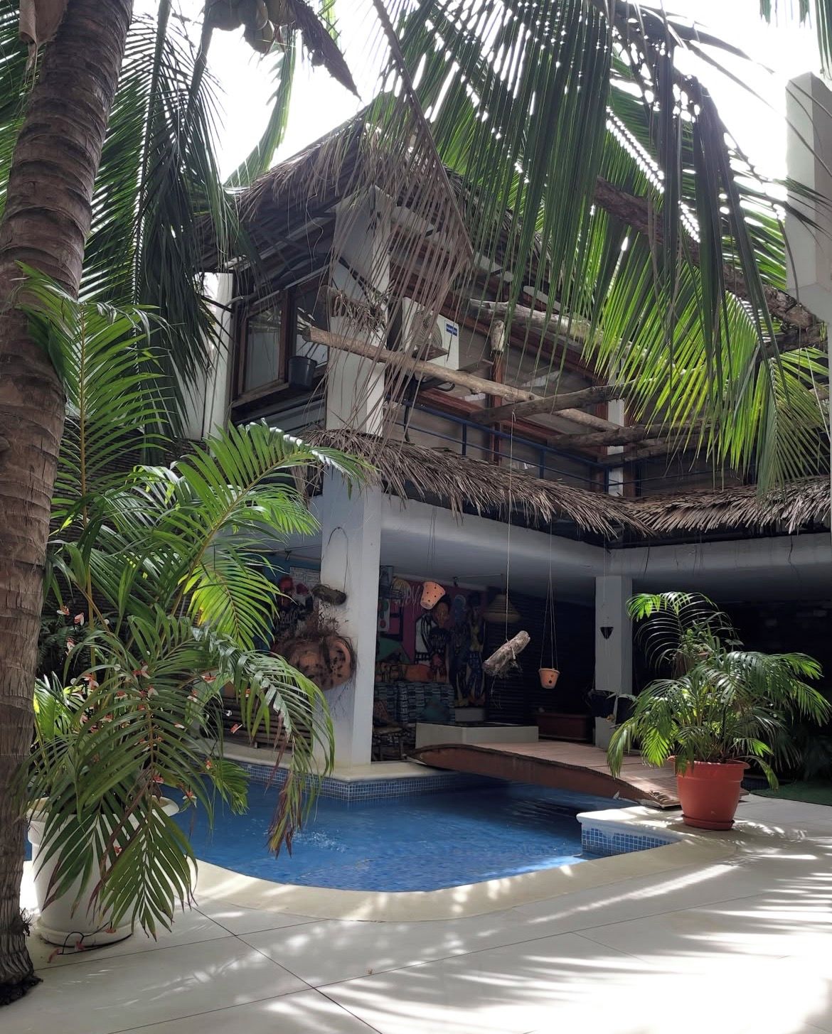 Zona de piscina con una estructura de techo de paja, rodeada de palmeras y plantas en macetas.