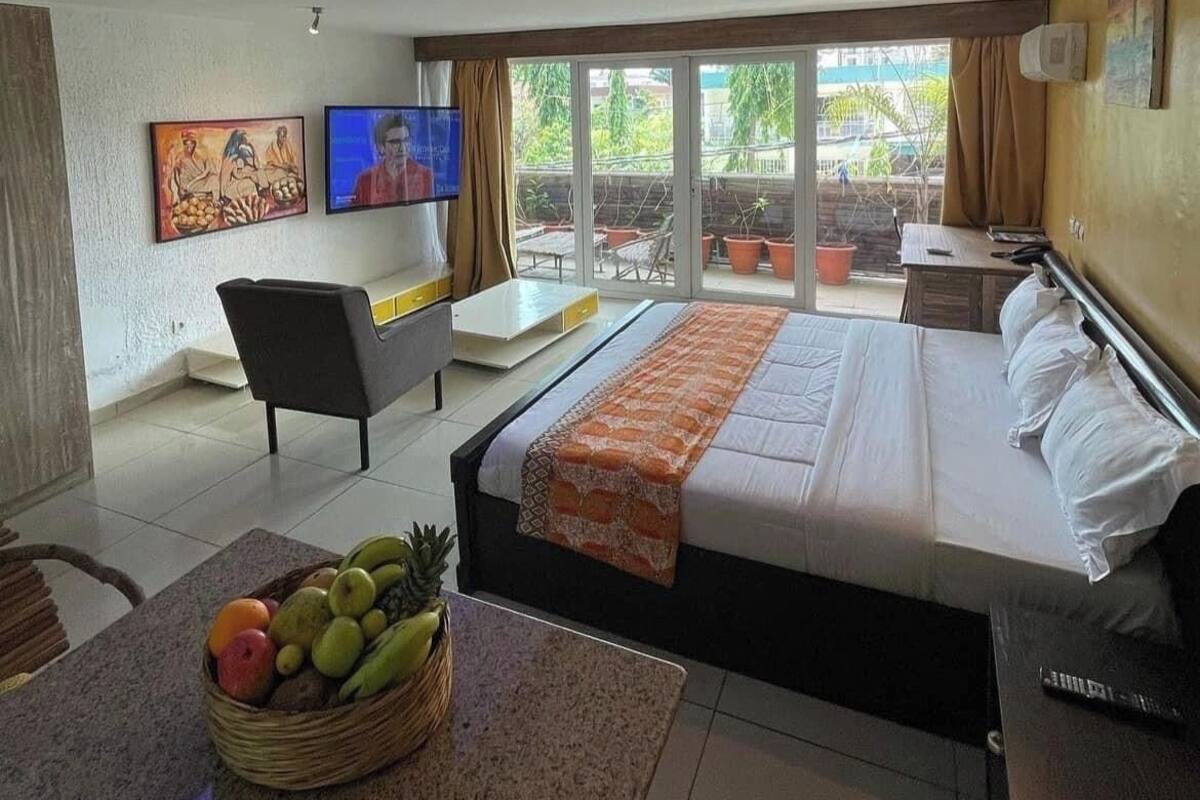A modern hotel room with a large bed, a TV, a balcony with potted plants, and a fruit basket on the floor.