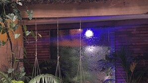 Un'area giardino con fontana, piante in vaso e un muro in mattoni.