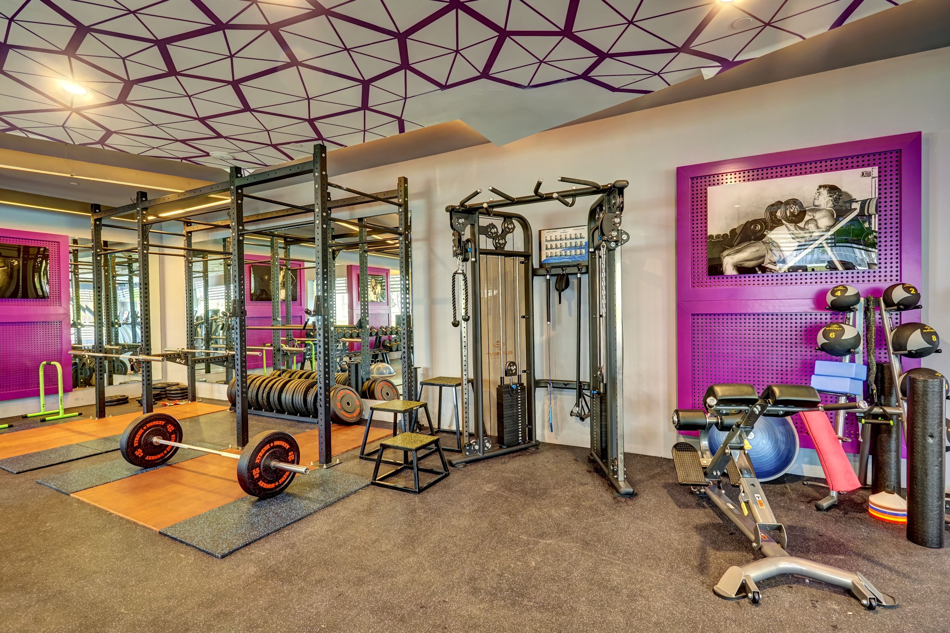 Un gimnasio con equipamiento de levantamiento de pesas, una barra de dominadas y una máquina de ejercicios fijada a la pared.