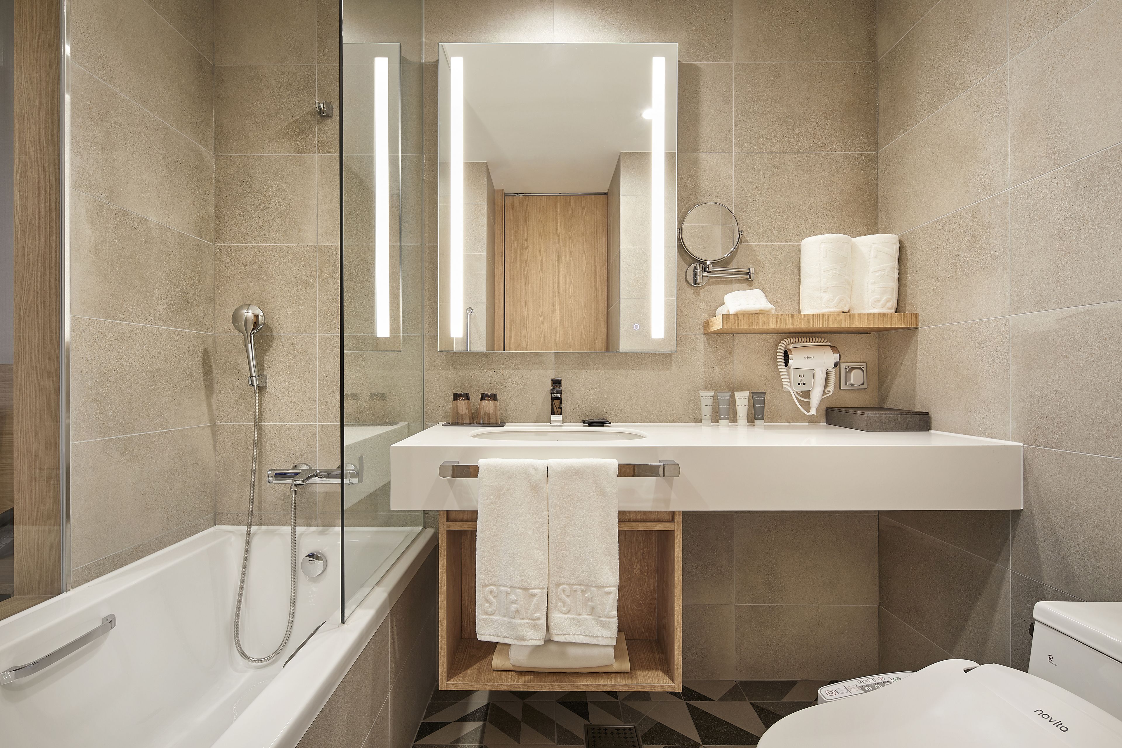 hair dryer, bathrobes, slippers, electronic bidet