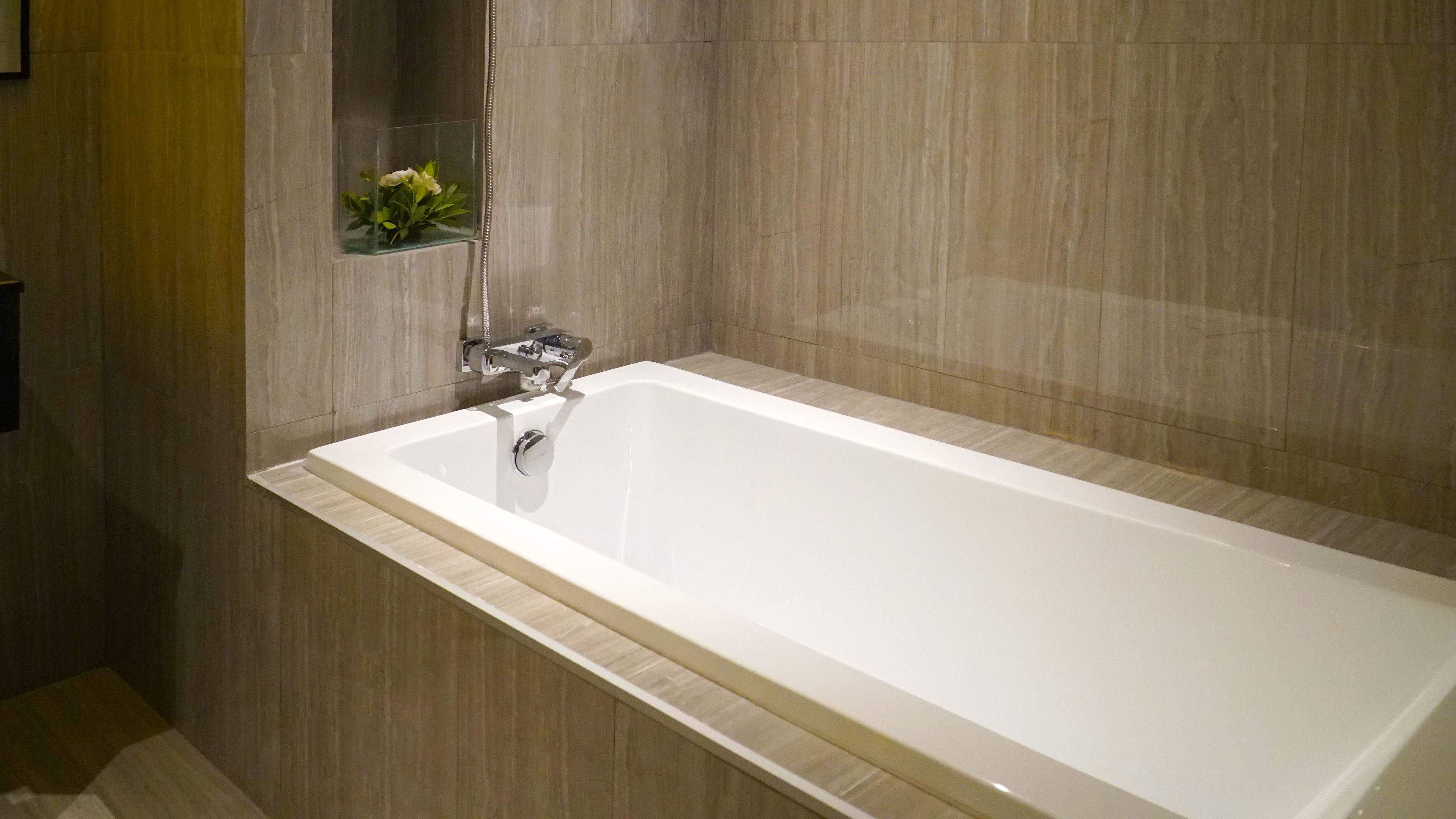 Un baño moderno con una bañera grande, un box de ducha de vidrio y una planta pequeña en la pared.