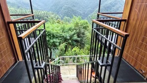 A wooden staircase leading to a balcony with a view of a forested valley. - Nature Drops (Kosiyakutoli)