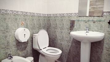 A bathroom with a toilet, bidet, and sink.