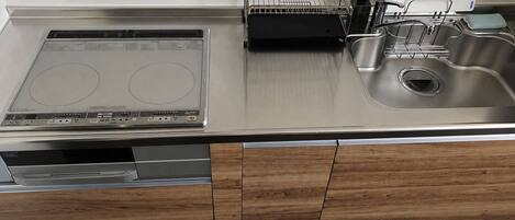 A modern kitchen with a built-in induction cooktop, a dishwasher, and a stainless steel sink.