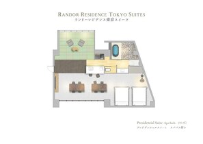 A floor plan of a residential suite with a living area, a dining area, a kitchen, a bathroom, and a small outdoor space. - Randor Residence Tokyo Suites (Tokyo)
