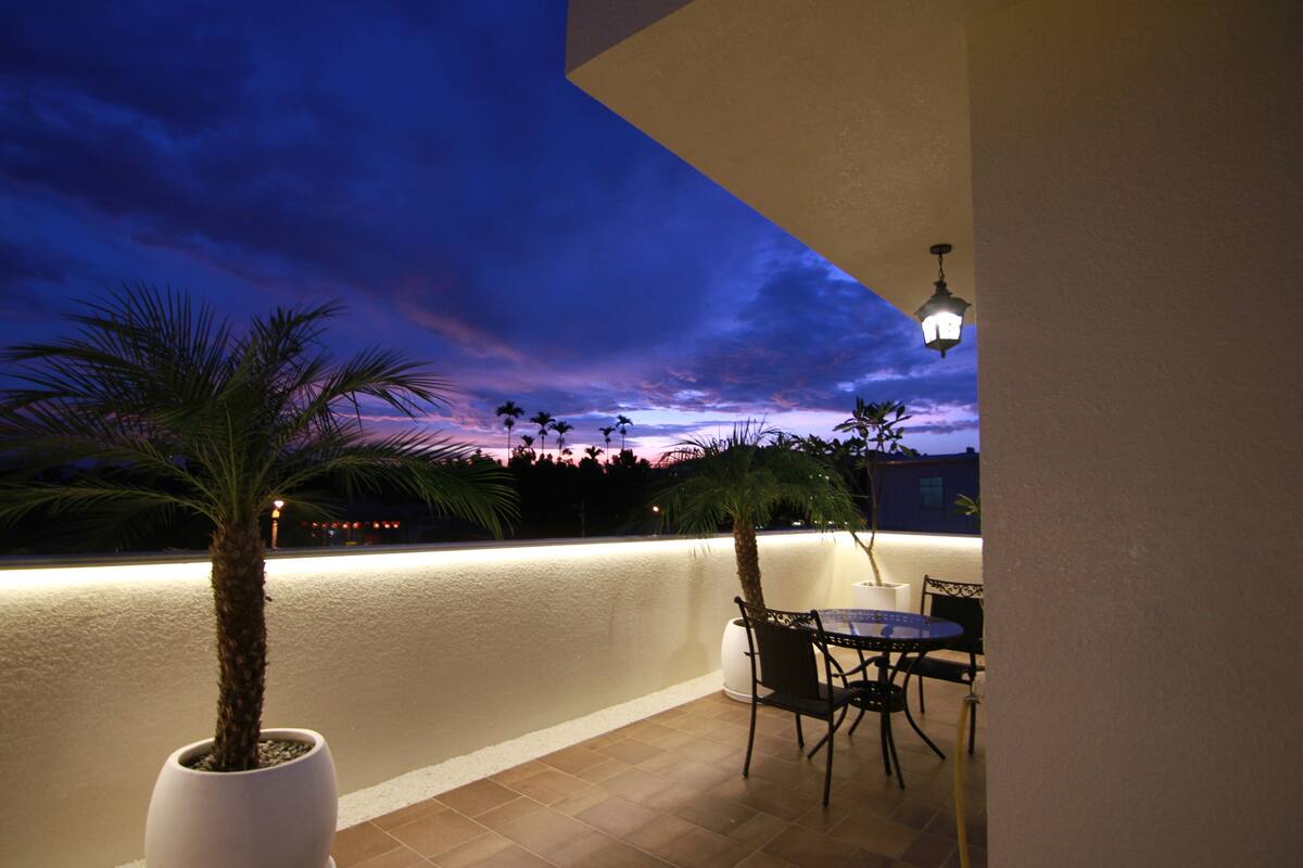 Una terraza con un muro blanco, una palmera y una mesa con sillas.