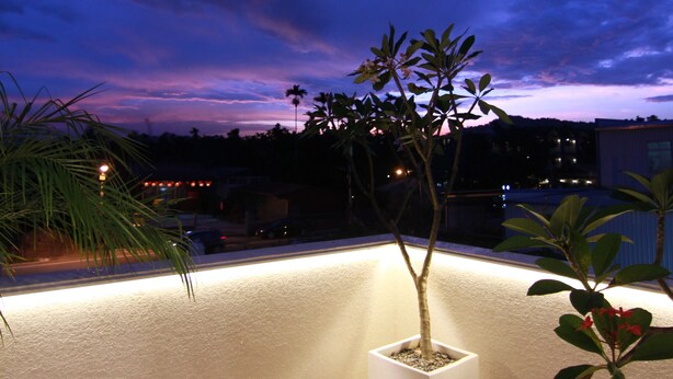 Un balcon orné d’un pot de fleurs, un sol carrelé et une vue sur le ciel au crépuscule.