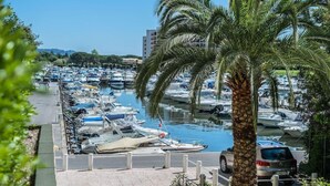 A marina with numerous boats docked, a palm tree, and a parked car. - SAS Appart Hotel Mandelieu (Mandelieu la Napoule)