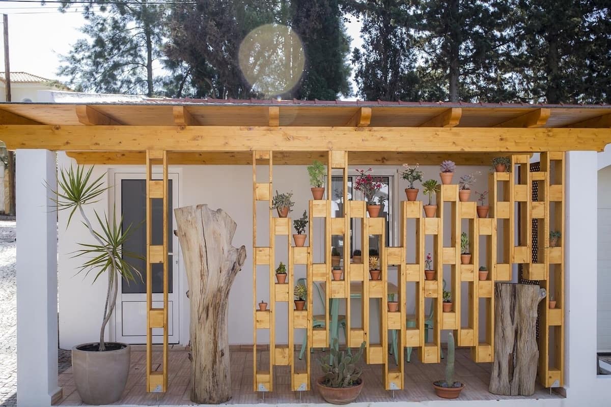 A wooden pergola with potted plants and a large tree trunk.