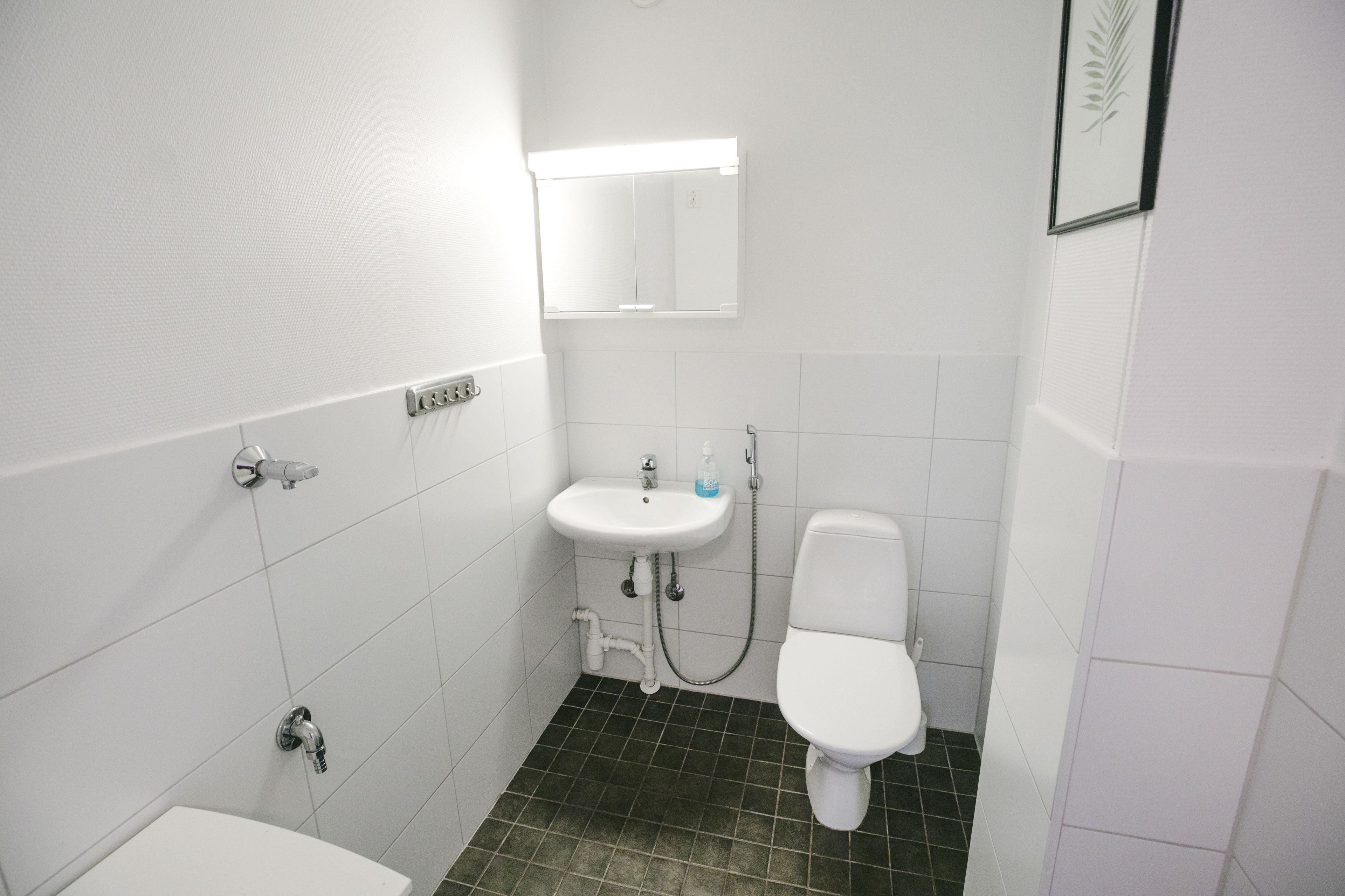 A small, white bathroom with a white sink, a toilet, and a mirror above the sink.