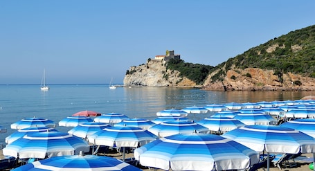 Beach nearby, sun loungers, beach umbrellas, beach volleyball