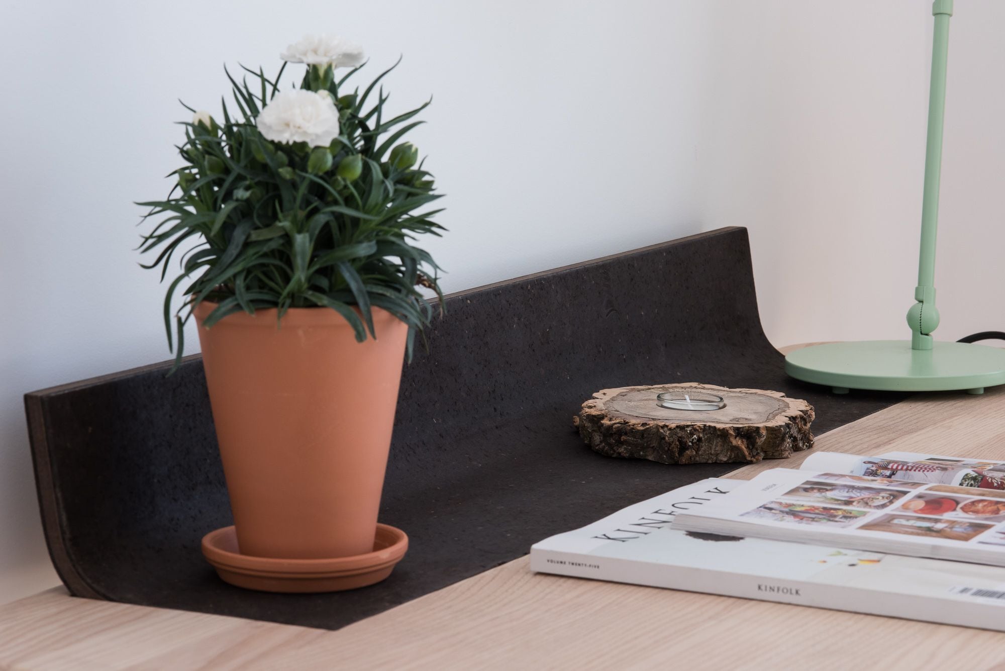 Um vaso de terracota com flores brancas, uma fatia de madeira, uma revista e um candeeiro de chão verde sobre uma mesa de madeira.