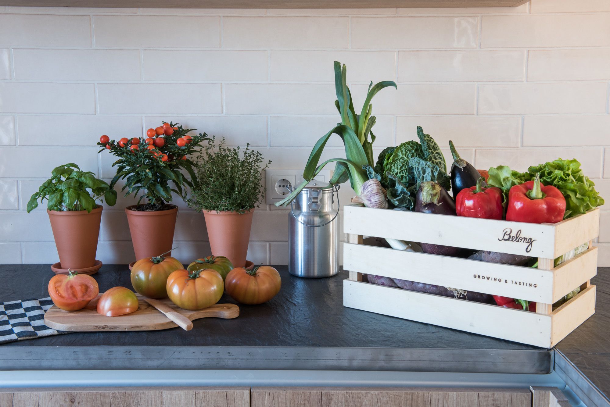 Una encimera de cocina con macetas, un recipiente metálico y un caja de madera con la etiqueta "Belong" que contiene diversas verduras.