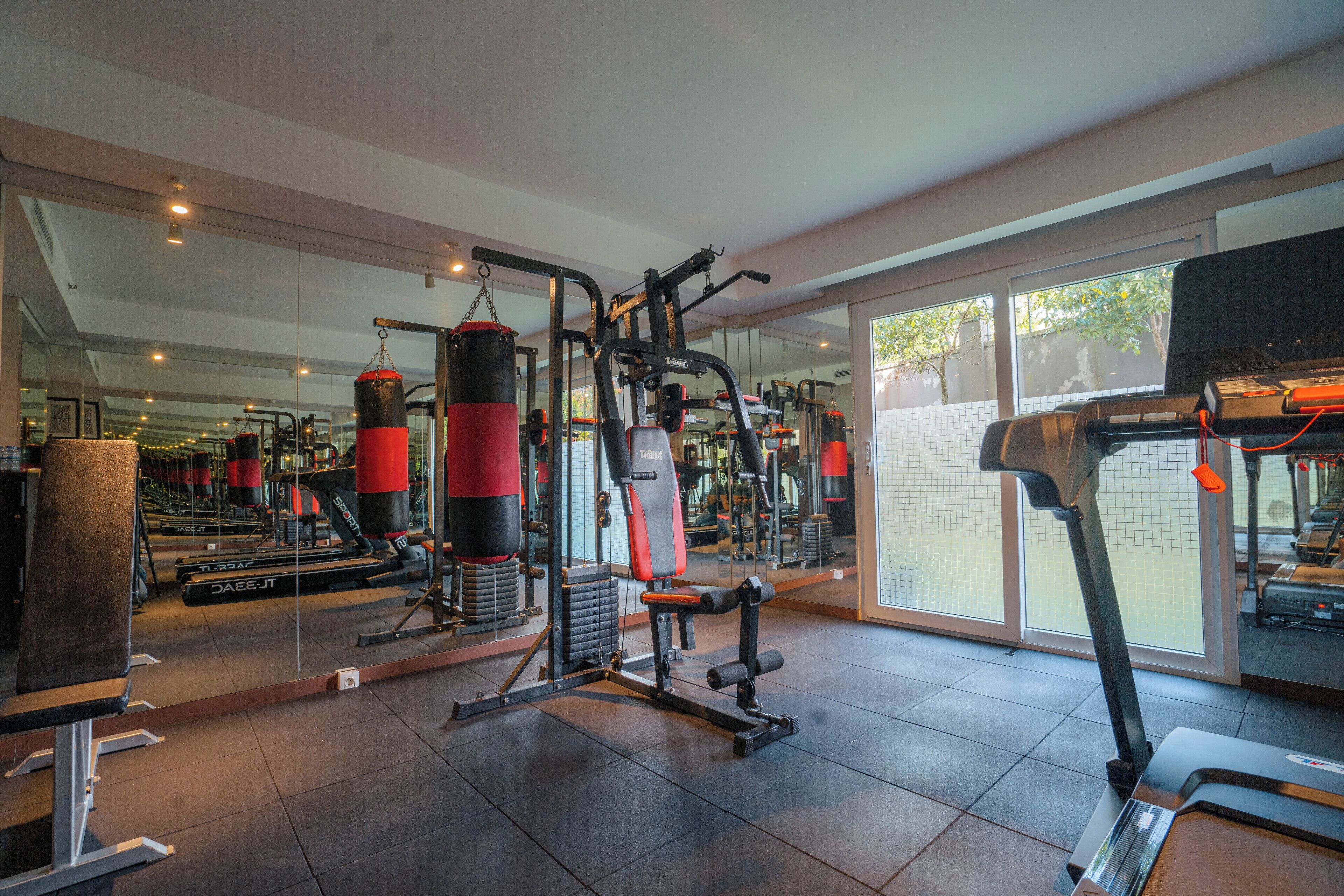 A gym with exercise equipment, a punching bag, and a treadmill.