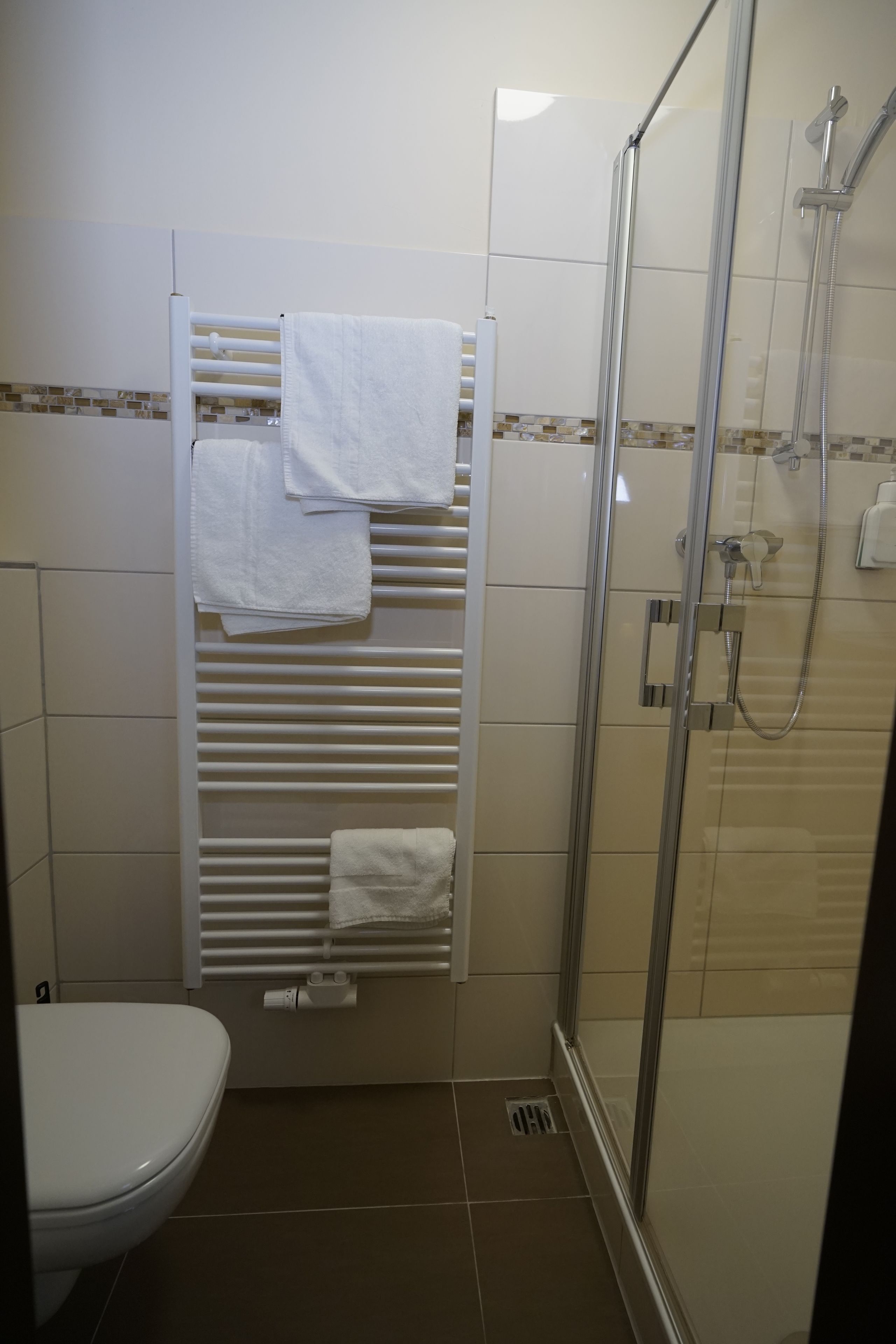 Ein Badezimmer mit einer gläsernen Duschkabine, einem weißen Handtuchhalter mit Handtüchern und einer Toilette.