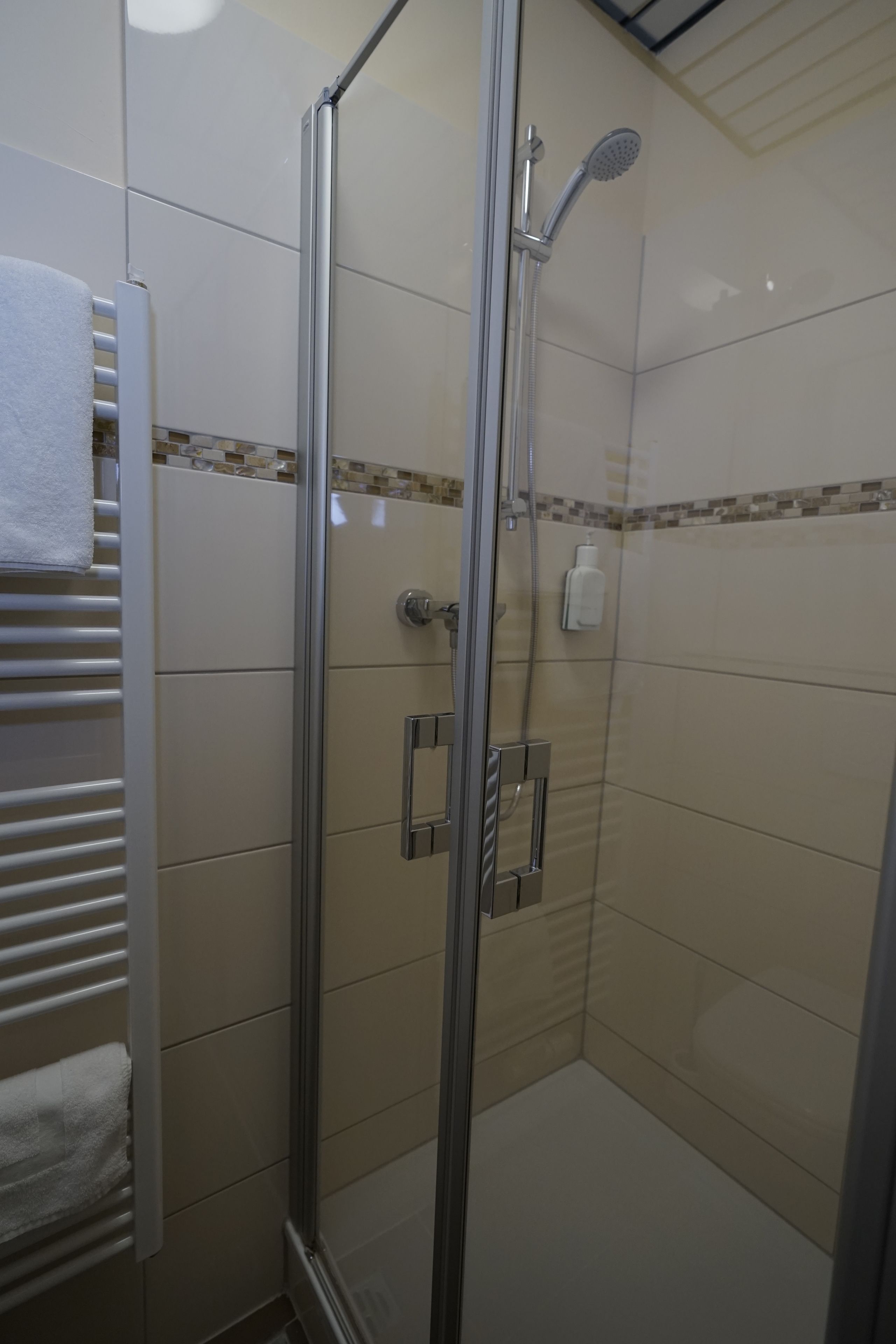 Ducha con mampara de vidrio, cabezal de ducha de mano, toallero y dispensador de jabón en la pared.