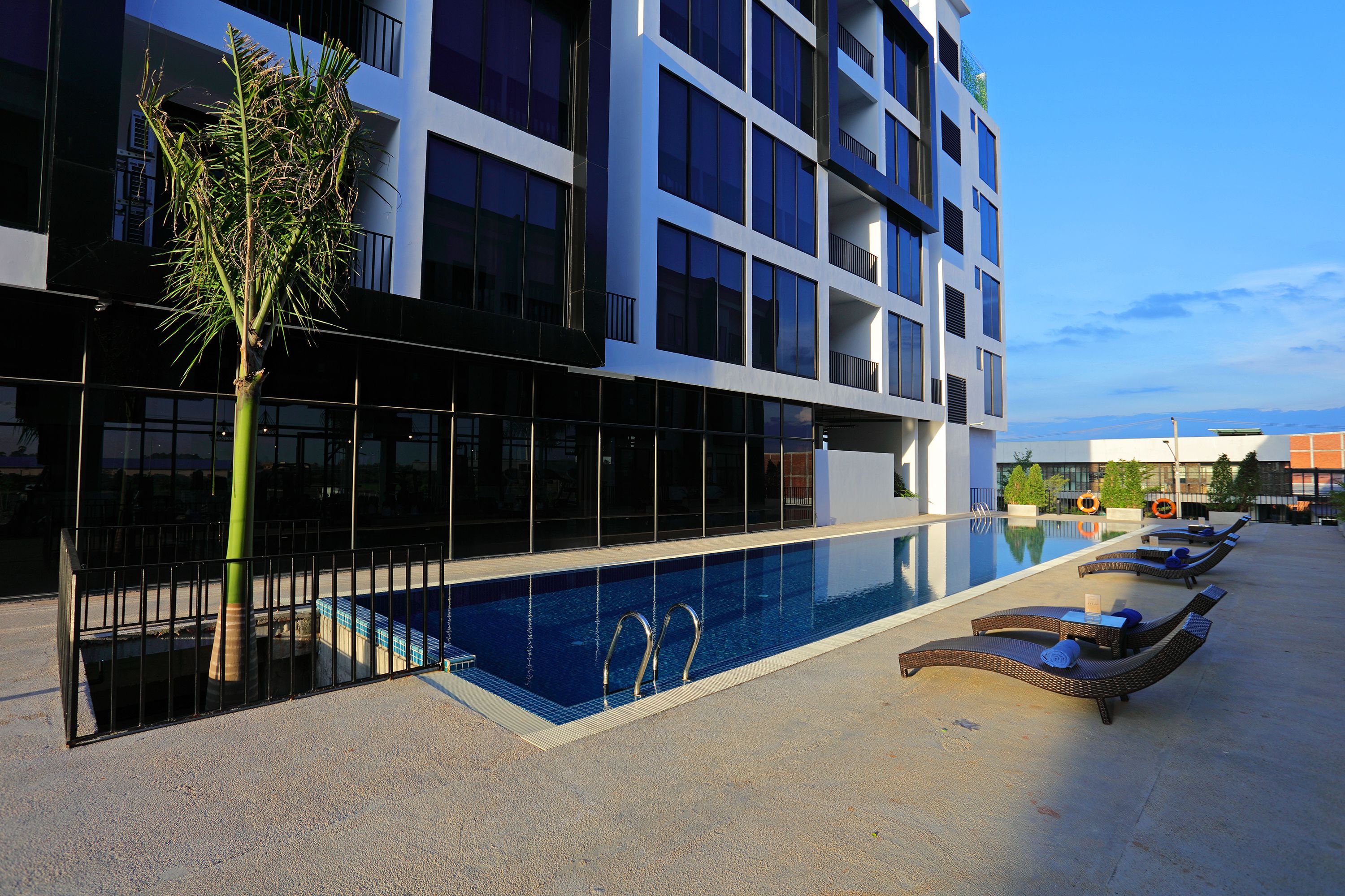 A modern building with a swimming pool, lounge chairs, and a palm tree.