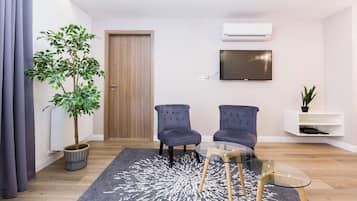 Departamento, 2 habitaciones, balcón | Área de sala de estar | Televisión de pantalla plana de 60 cm con canales por cable