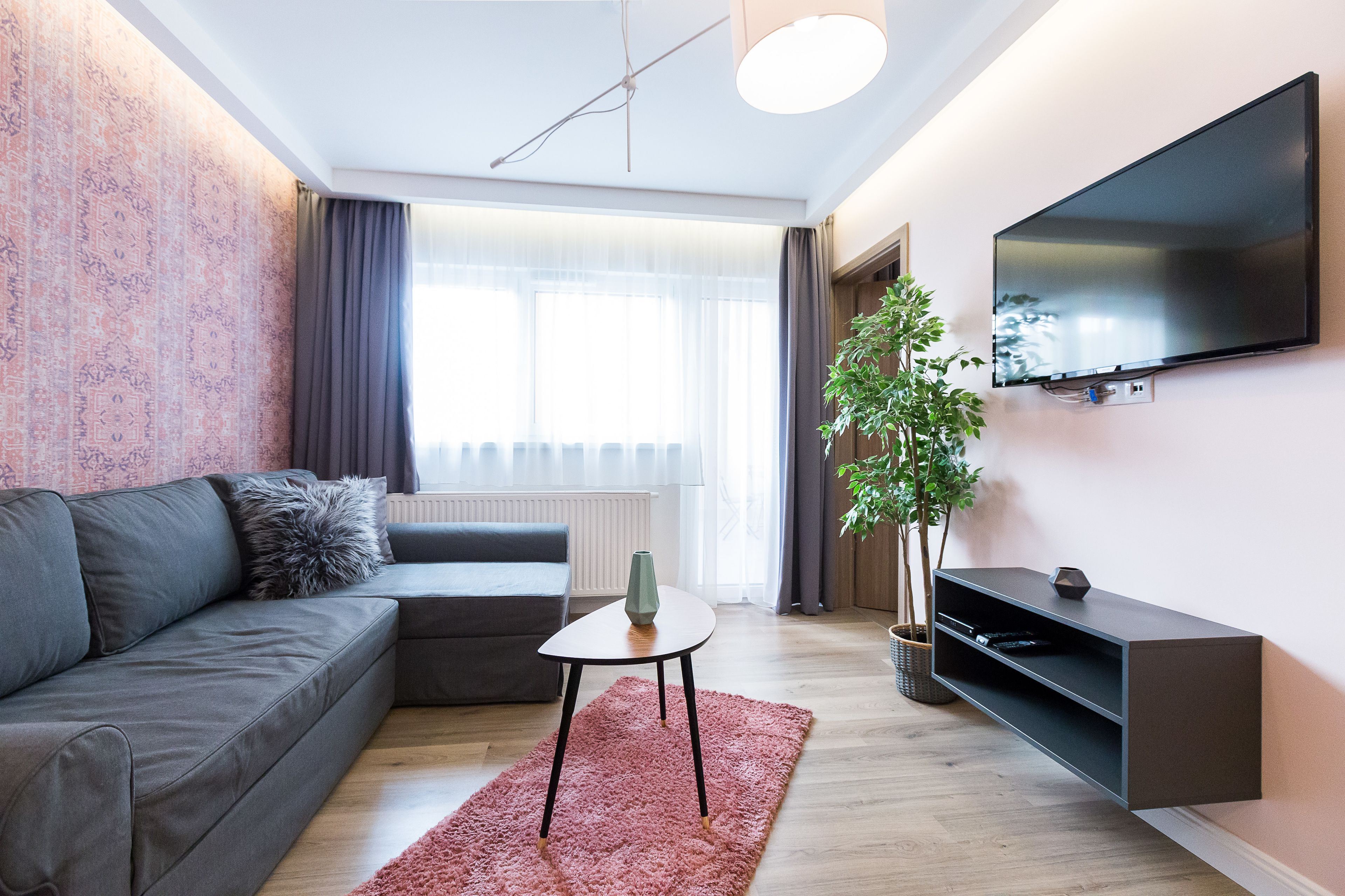 A modern living room with a grey sofa, a small table, a TV mounted on the wall, and a potted plant.
