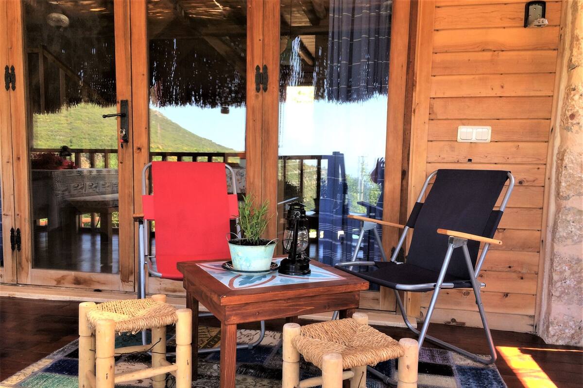 A wooden interior with a table, two wicker chairs, a red chair, and a potted plant.