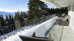 Un balcon offrant une vue sur des montagnes enneigées et des arbres à feuilles persistantes.