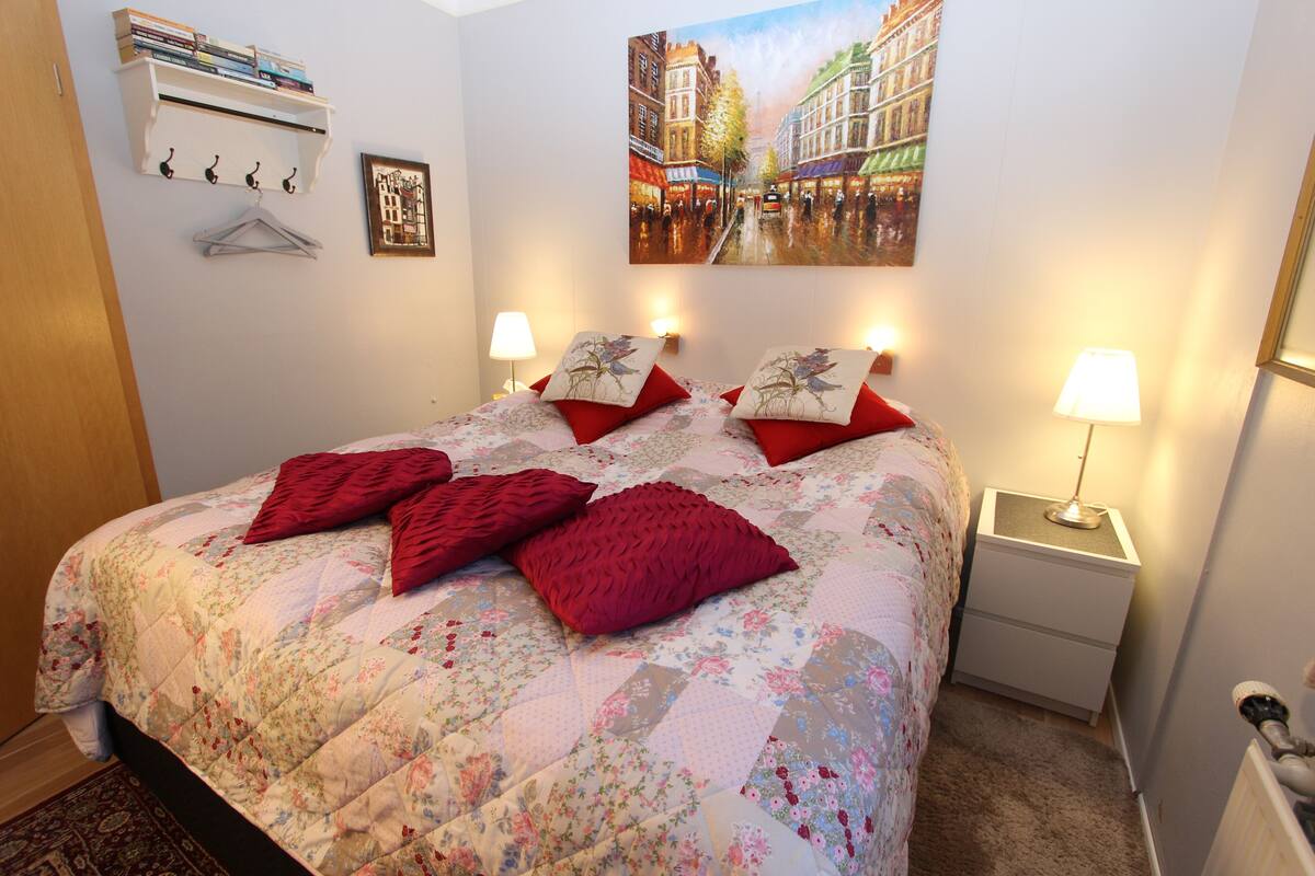 A neatly made bed with floral bedding and red pillows, a wall-mounted coat rack, a framed picture, and a nightstand with a lamp.