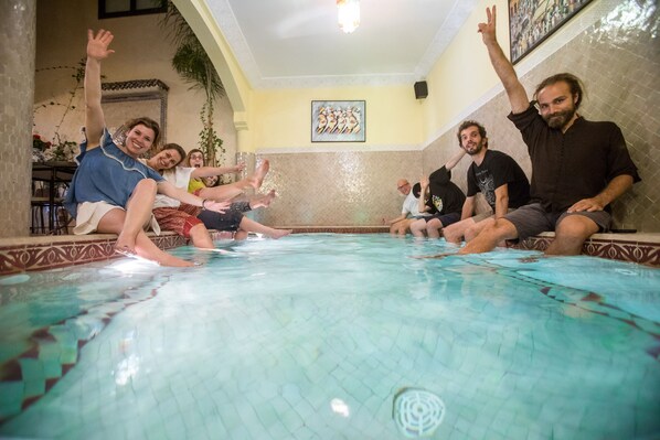 Indoor pool, open noon to midnight, pool loungers