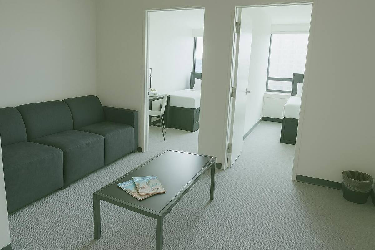Una sala de estar moderna con un sofá, una mesita de centro y vista a un dormitorio por una puerta.
