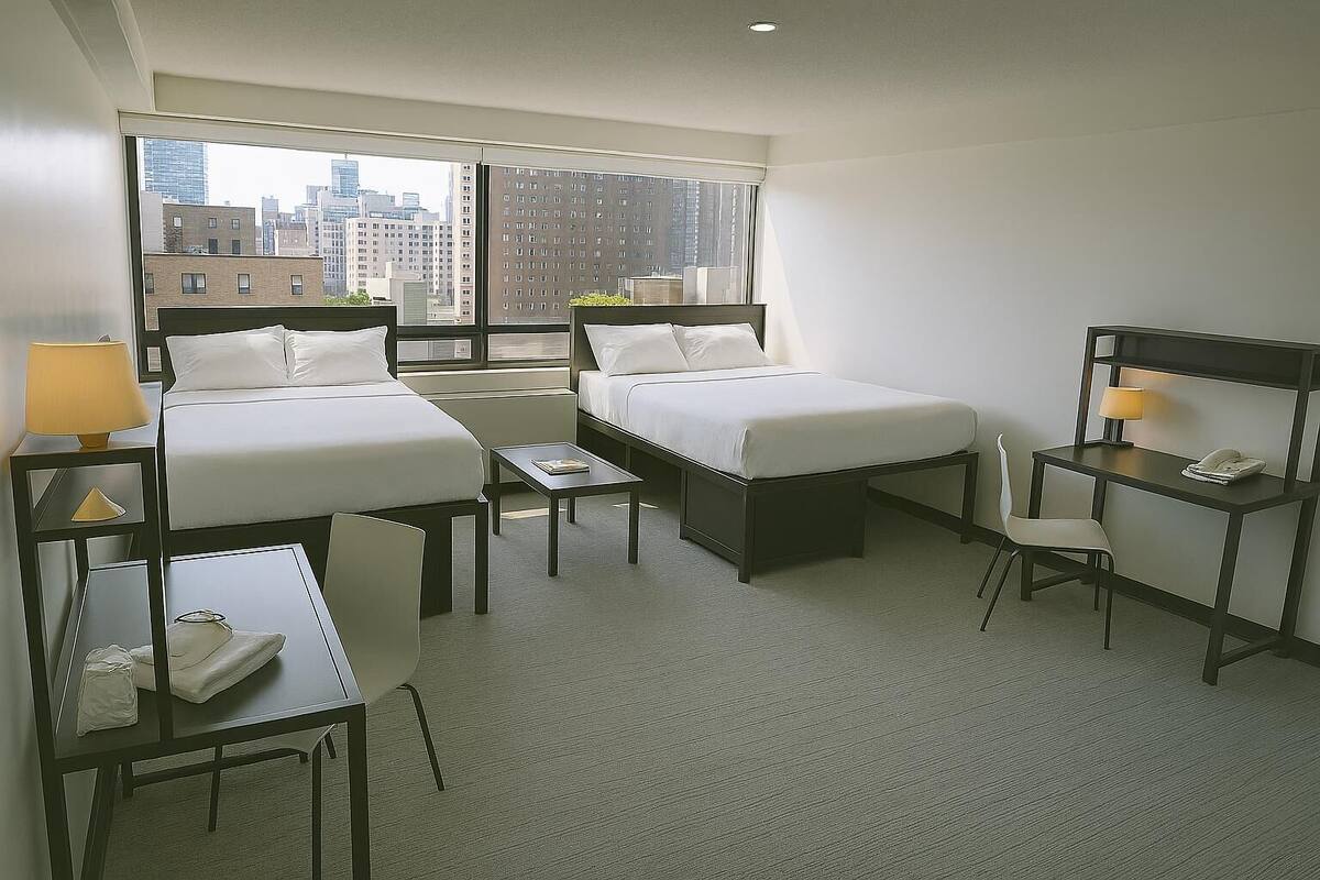 Habitación de hotel con dos camas, un escritorio, una silla, una mesita y una ventana con vistas a la ciudad.