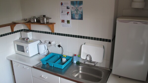 Una cocina equipada con microondas, tostadora, hervidor, lavabo y un refrigerador Samsung.