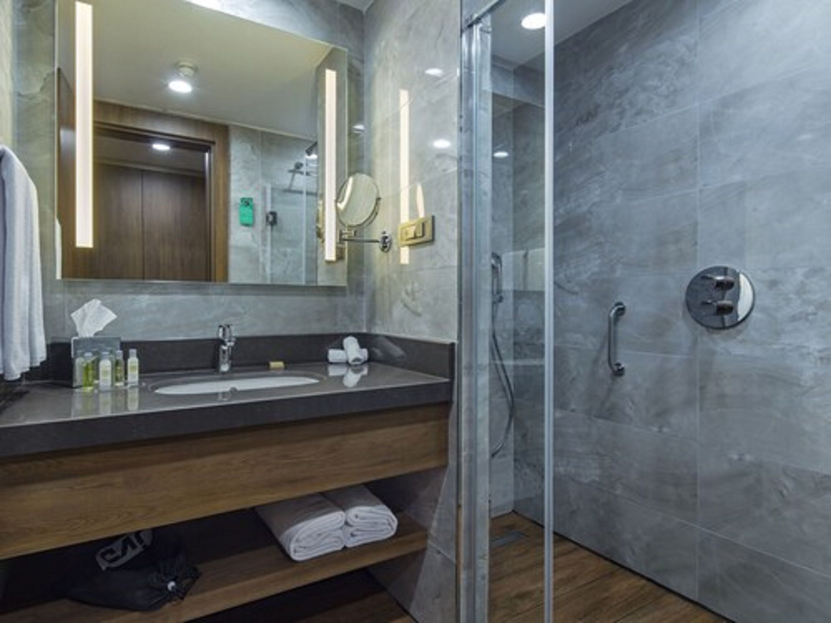 A modern bathroom with a glass-enclosed shower, a wooden vanity, and a large mirror.