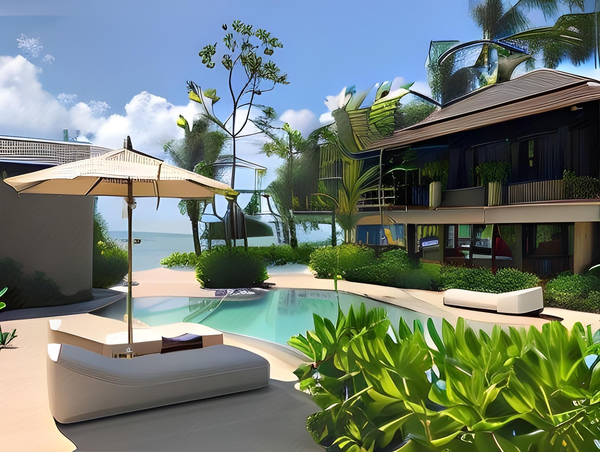 Ein modernes Resort mit Pool, Sitzgelegenheiten im Freien und Blick auf den Ozean.