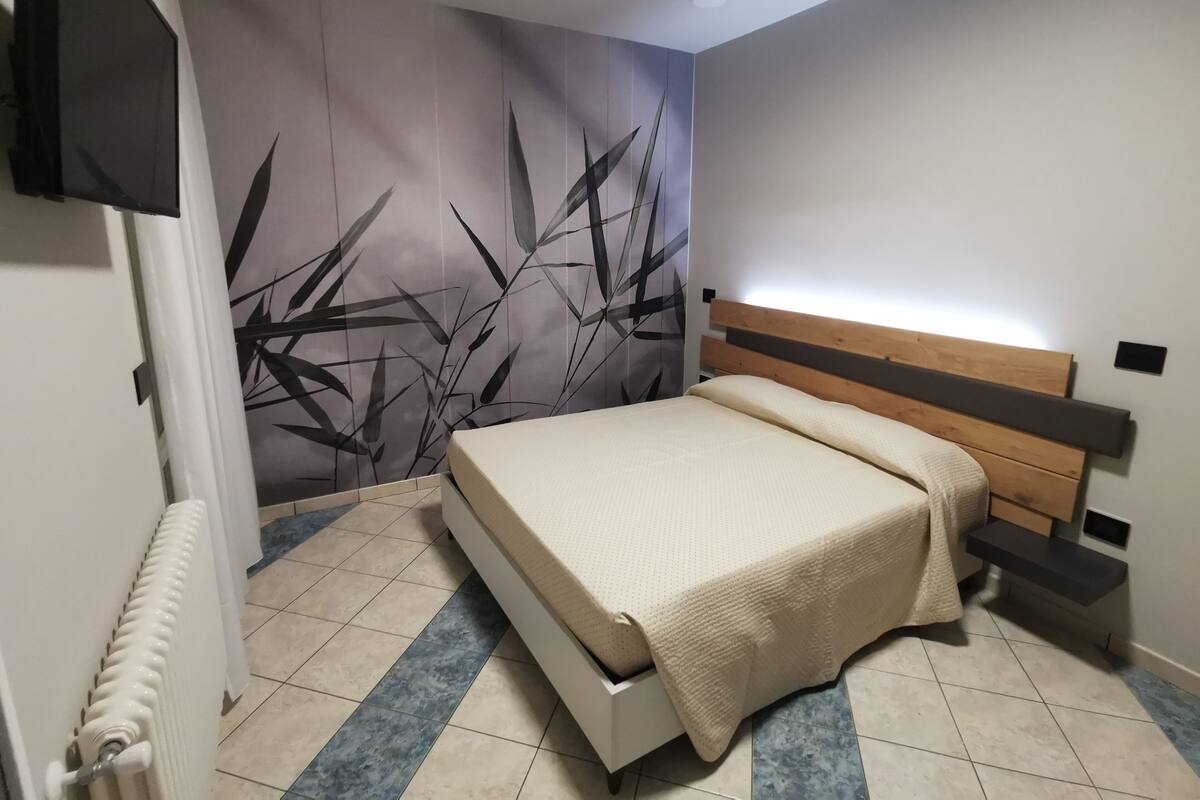Una camera da letto con un letto, una TV a parete, un termosifone e una parete decorata.