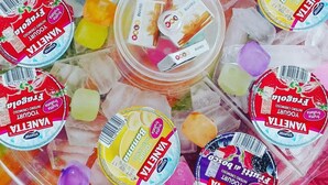 Variedad de sabores de yogurt helado en un recipiente rodeado de cubitos de hielo de colores.
