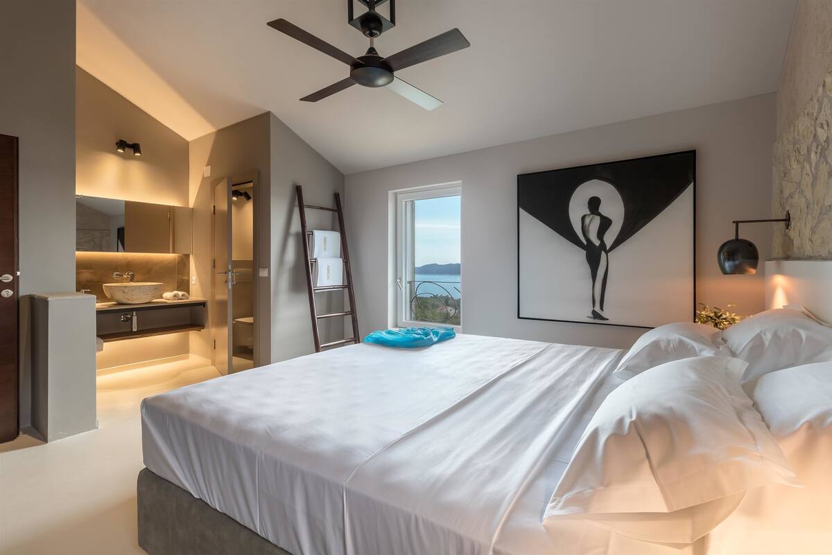 A modern bedroom with a large bed, a ceiling fan, a bathroom with a vanity, and a view of the outdoors.