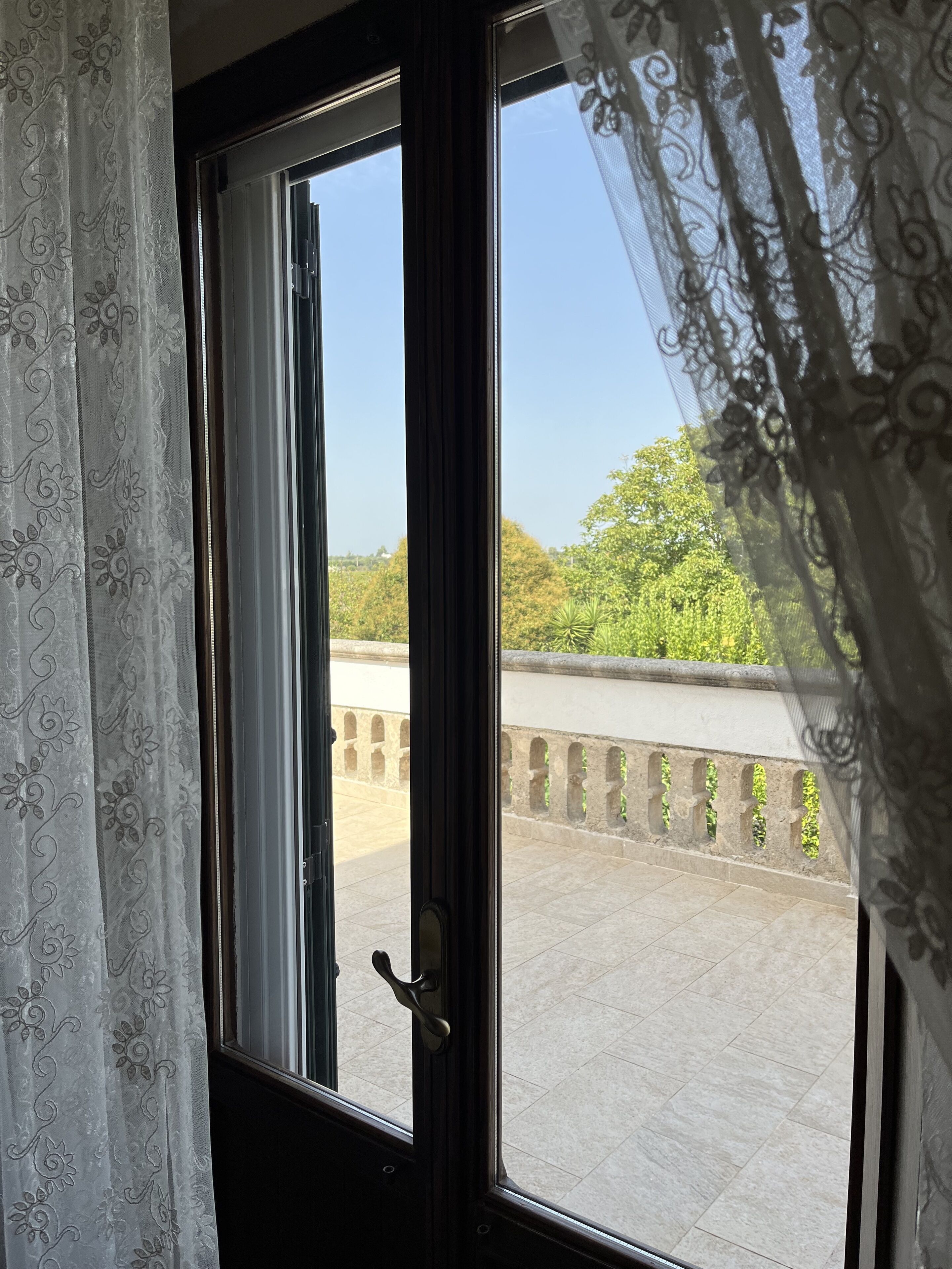 A window with a view of a balcony and greenery outside.