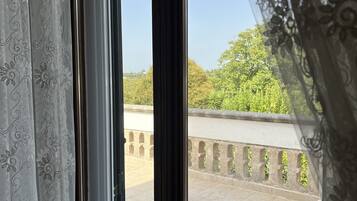 A window with a view of a balcony and greenery outside.