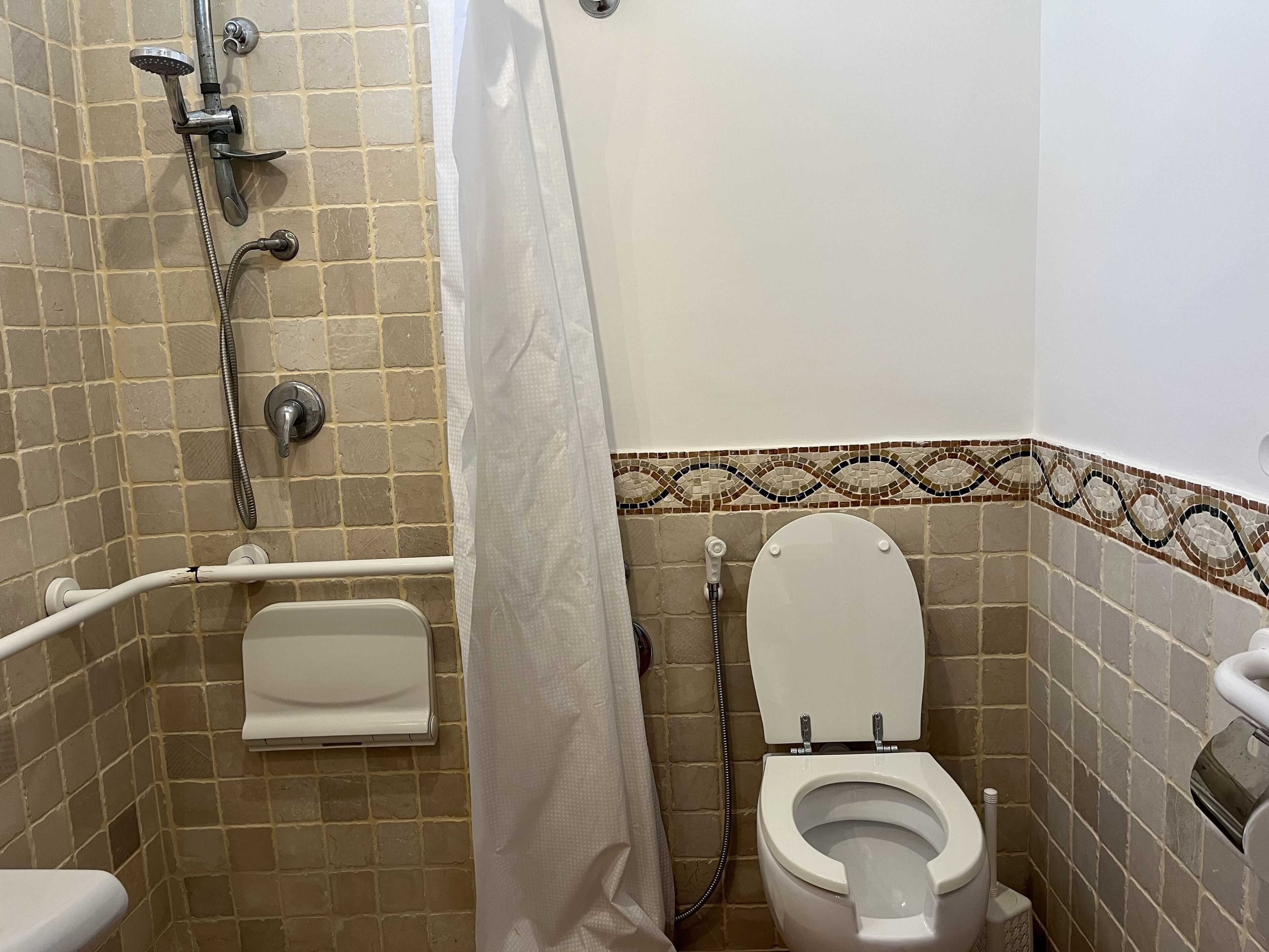 A bathroom with a shower, toilet, and a small shelf.