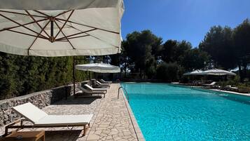 A clear blue pool with lounge chairs and umbrellas, surrounded by stone tiles and greenery.