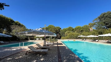 Piscina stagionale all'aperto, ombrelloni da piscina, lettini