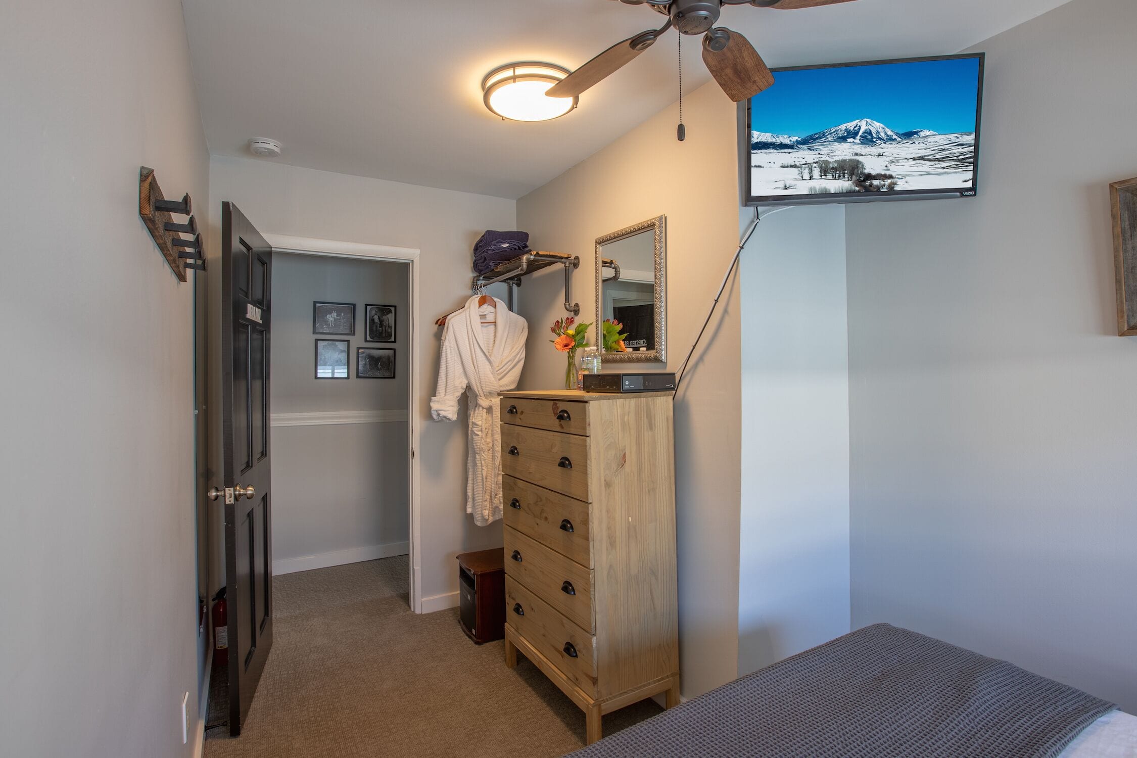A bedroom with a bed, a dresser, a mirror, a ceiling fan, and a TV displaying a snowy mountain.