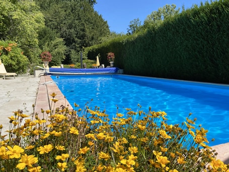 Una piscina al aire libre de temporada, sombrillas