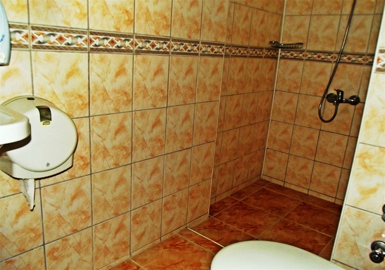 A bathroom with a toilet, a shower, and a hand dryer.