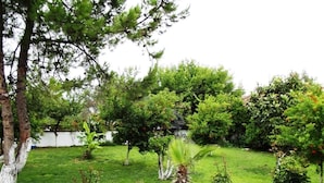 A well-maintained garden with various trees and shrubs, a paved walkway, and a white wall in the background. - Dalyan Gurkan Apart Hotel (Ortaca)