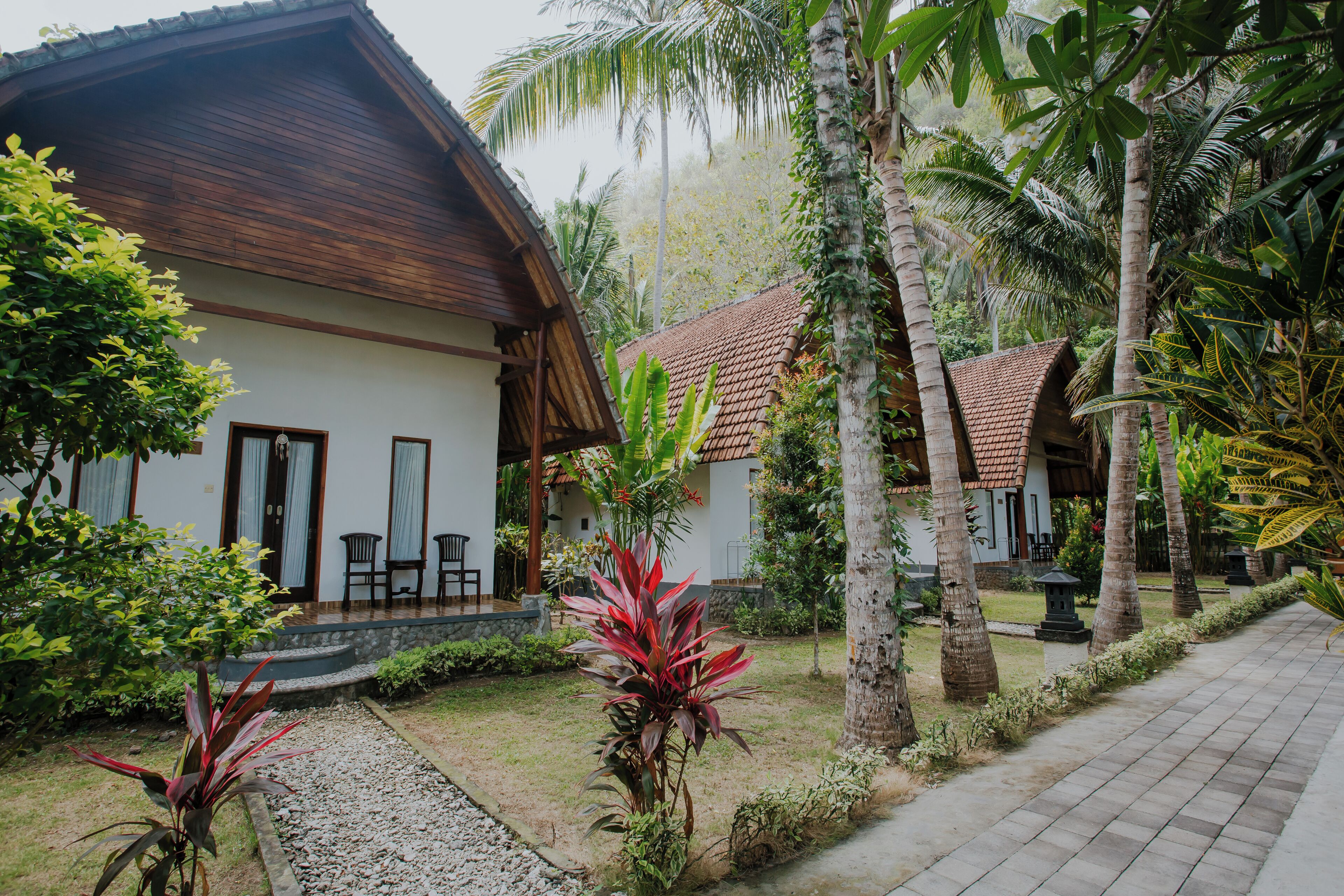 A traditional house with a tiled roof, surrounded by lush greenery and palm trees.