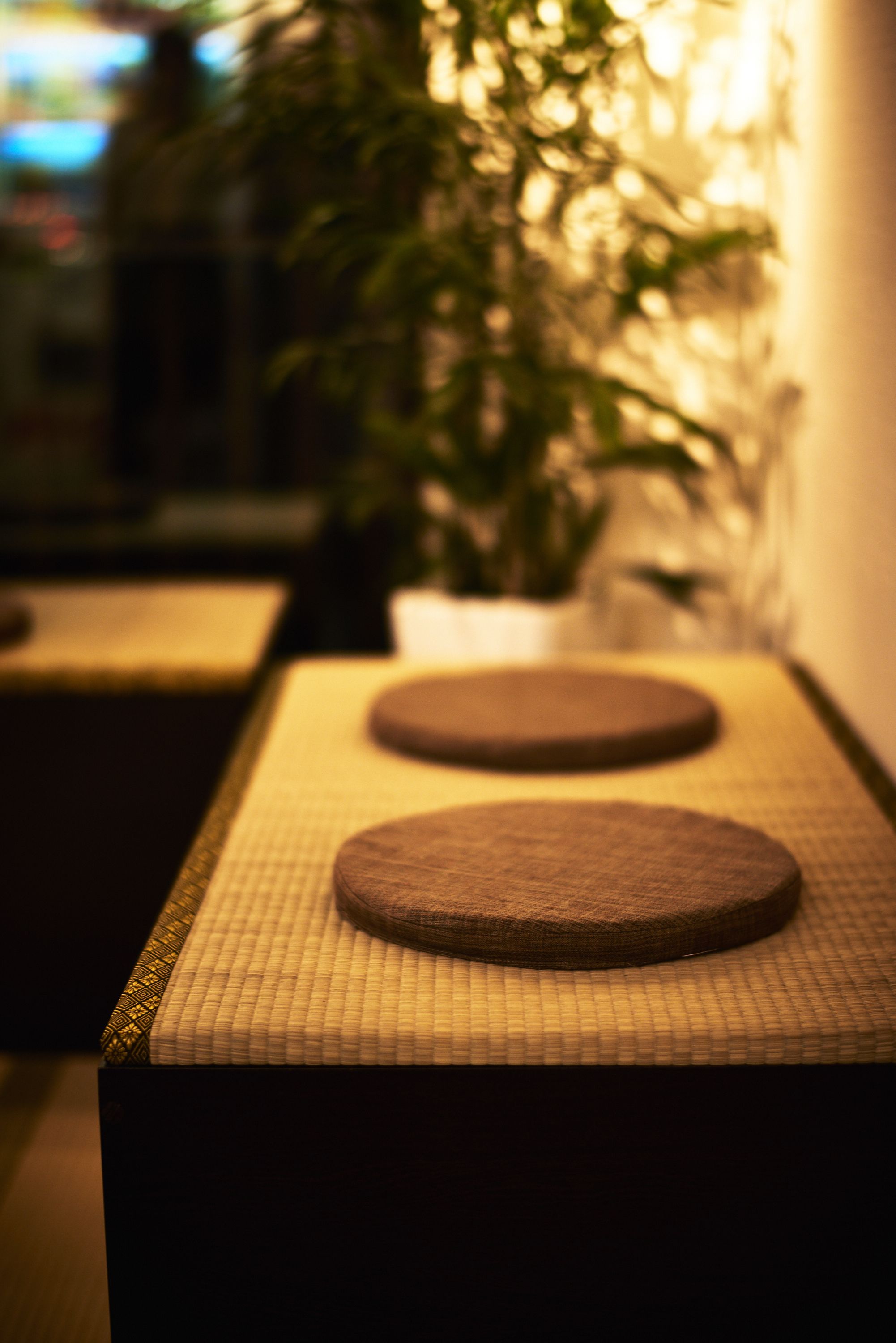 A room with a tatami mat floor, a low table with a round wooden object on it, and a potted plant in the background.