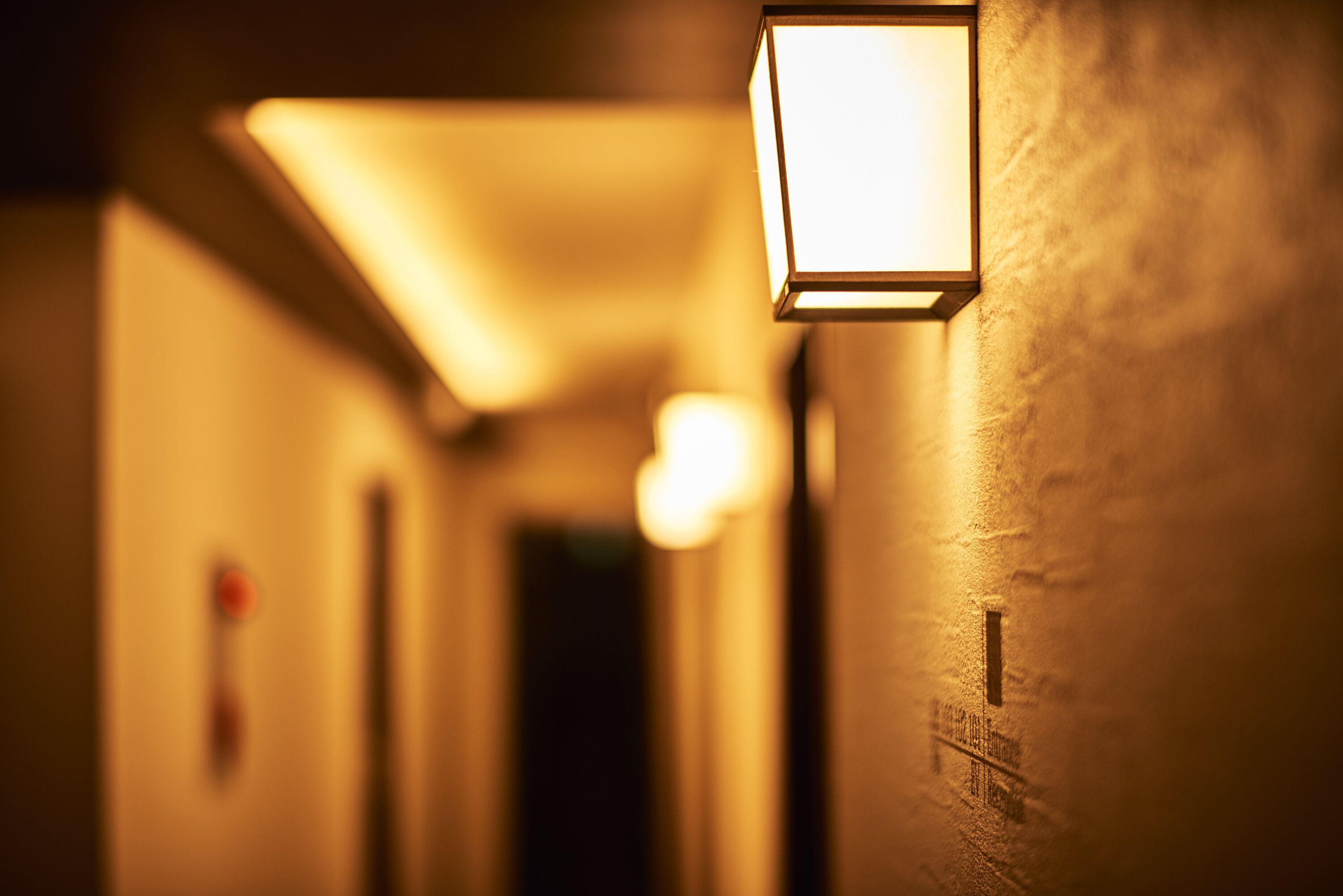 Un pasillo con una lámpara en la pared y un picaporte visible.
