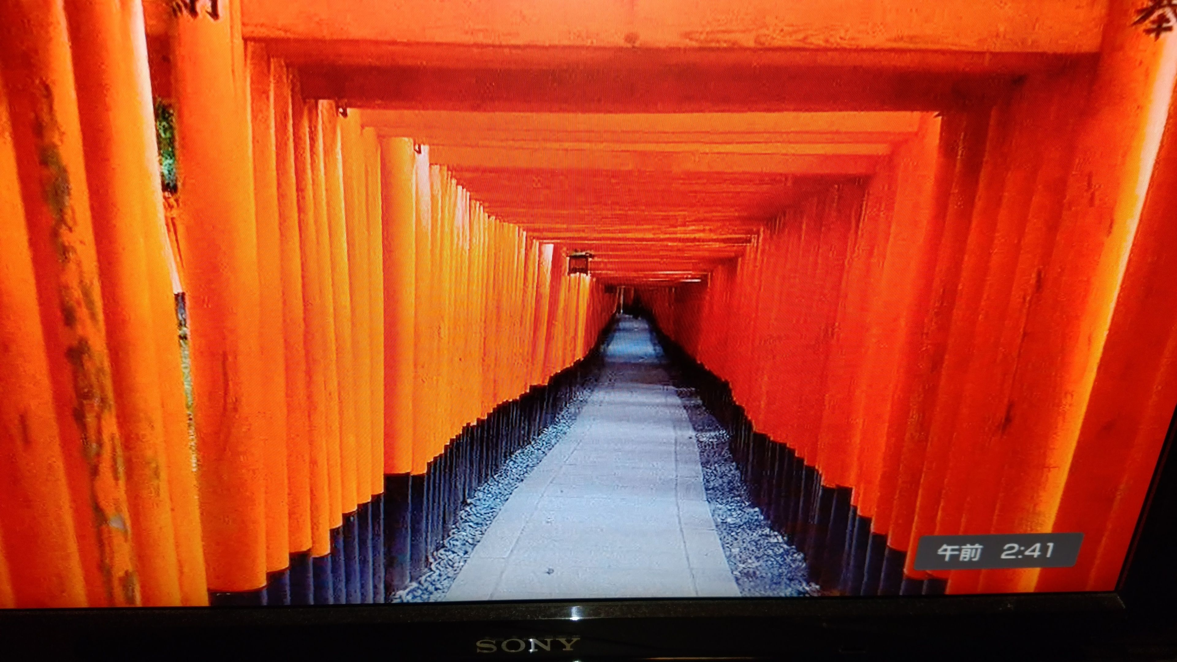 Ein Korridor mit orangefarbenen Wänden und Fliesenboden, der zu einer Tür am Ende führt.