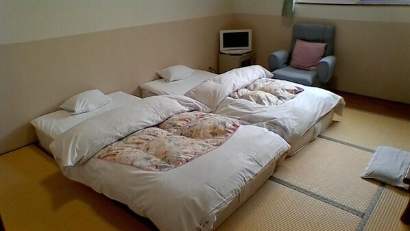 Une chambre avec deux lits, une télévision et une chaise.